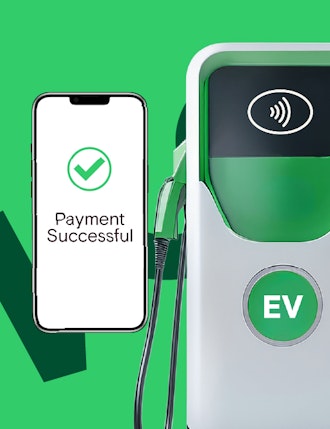 Phone showing successful payment next to an EV charger
