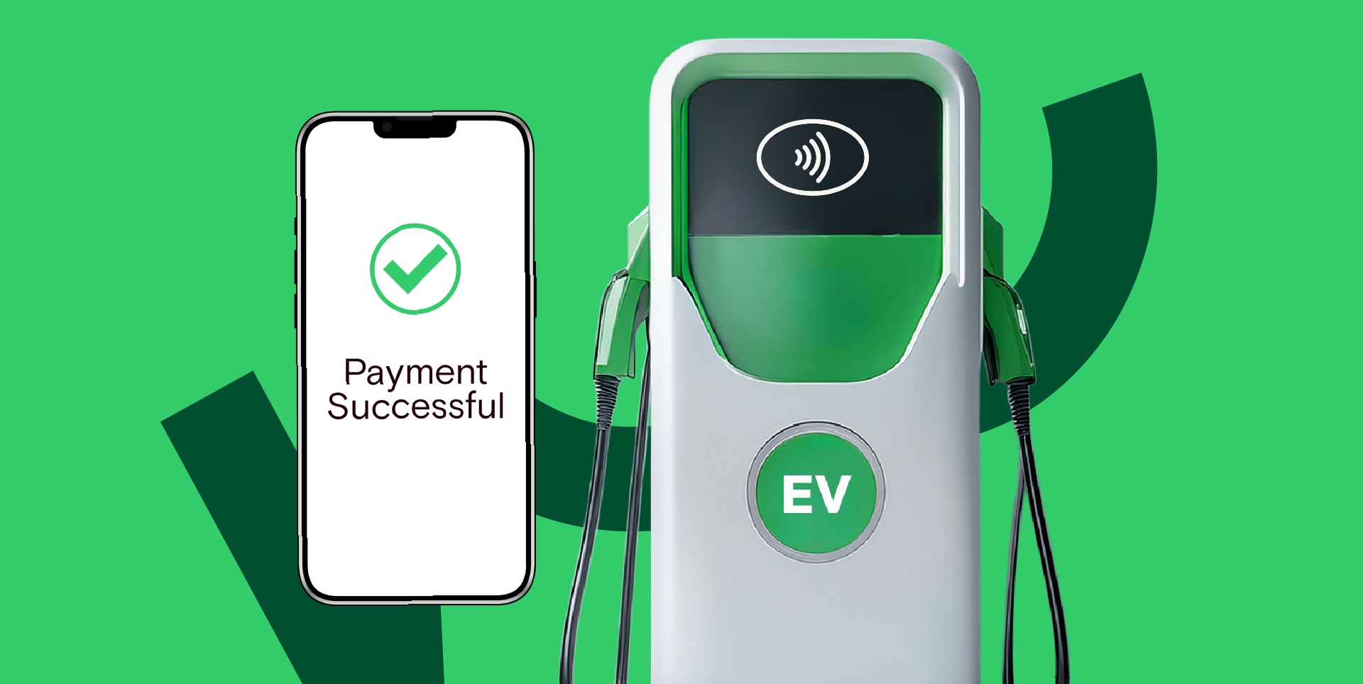 Phone showing successful payment next to an EV charger