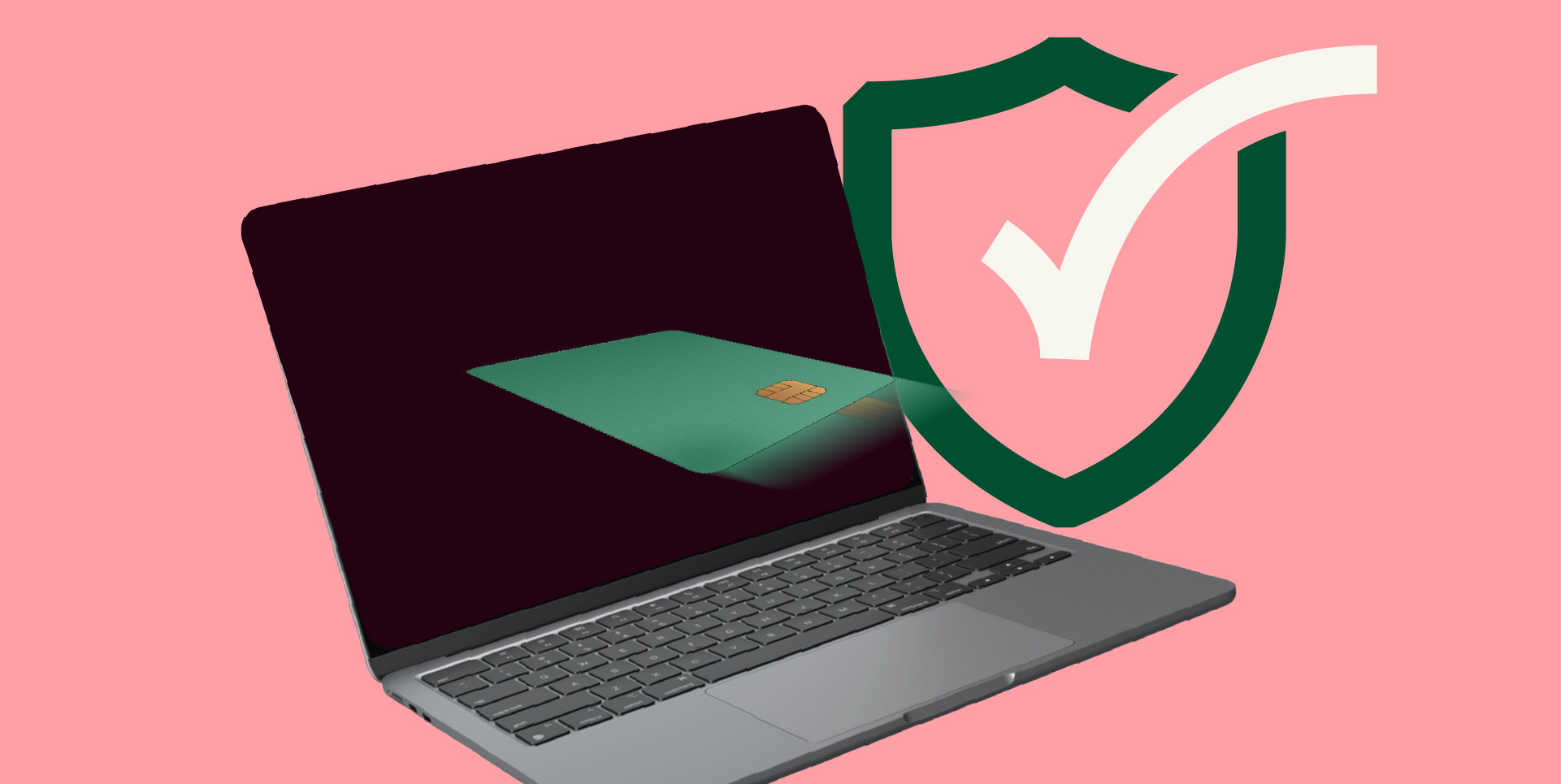 laptop with card flying into it, behind it a security check sign