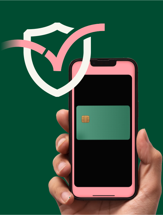 Hand with mobile phone payment with security icon