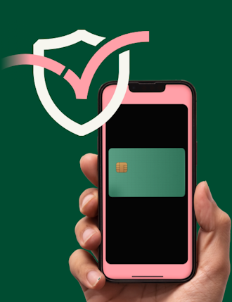 Hand with mobile phone payment with security icon
