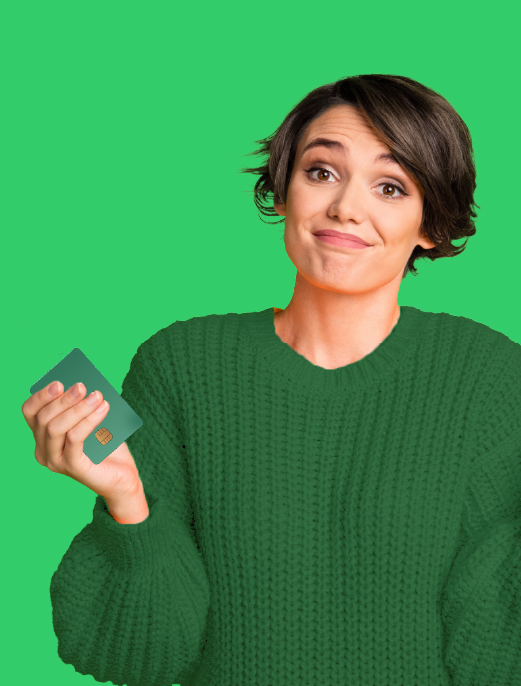 woman shrugging holding payment card