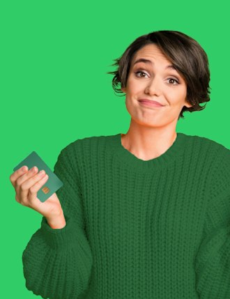 woman shrugging holding payment card