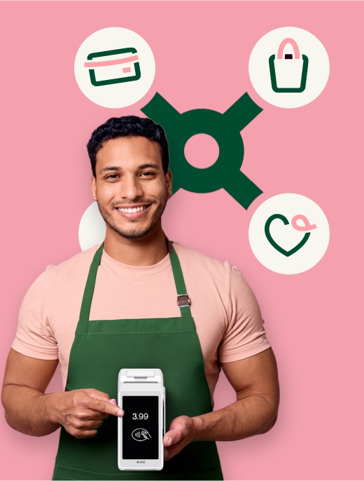 Merchant holding a POS device showing merchant orchestration