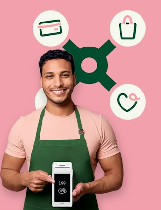 Merchant holding a POS device showing merchant orchestration