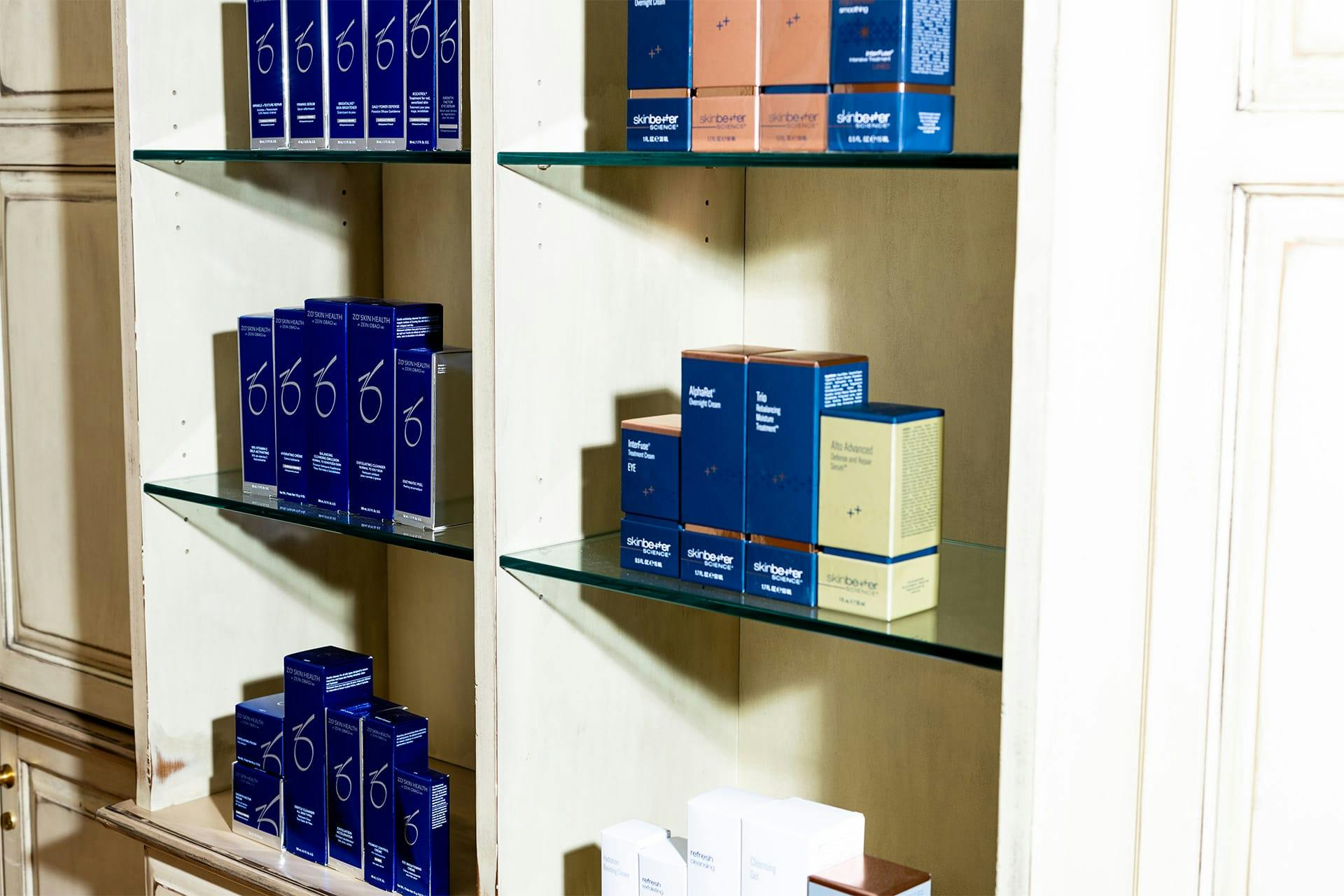 Skin care products displayed on shelves