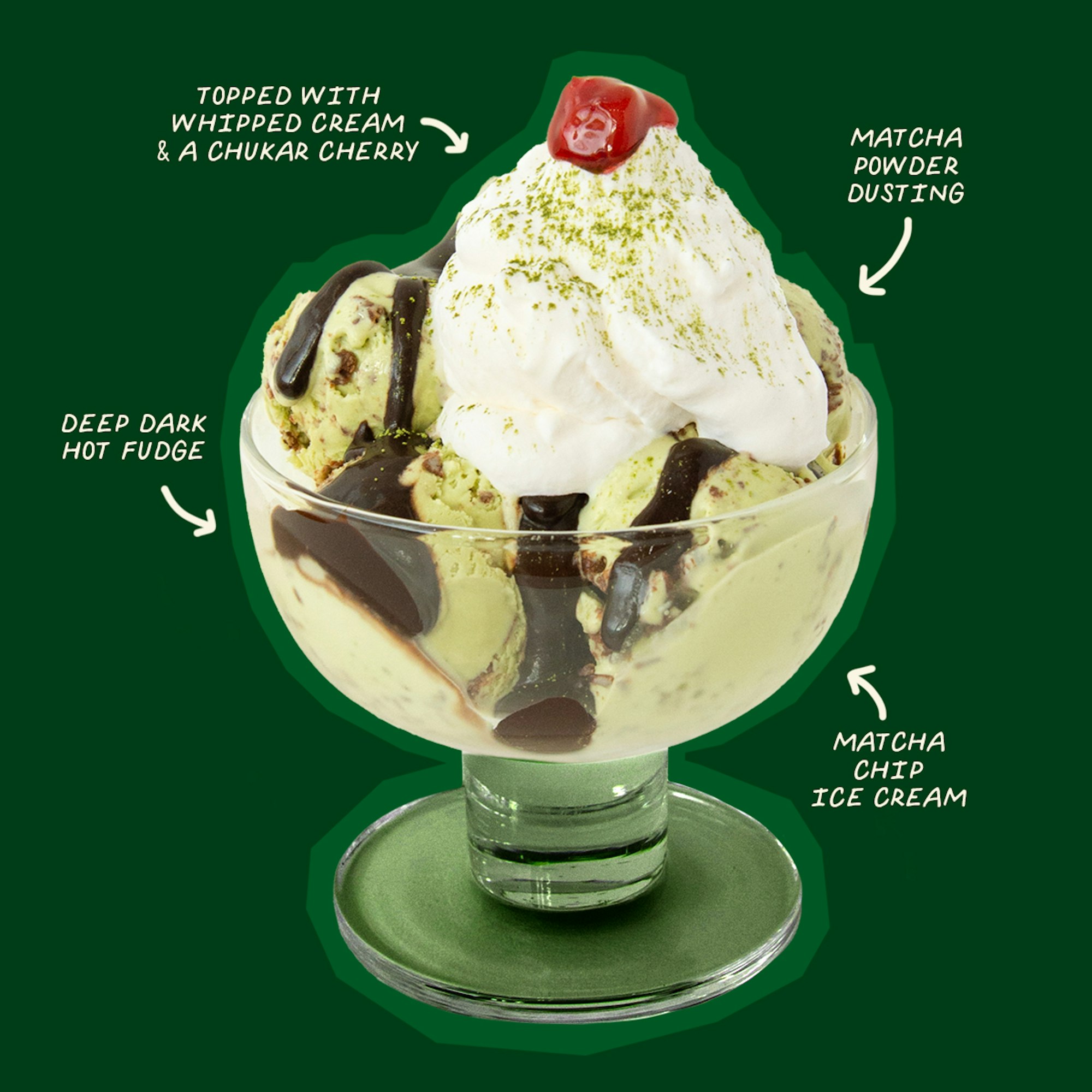 molly moon's matcha chip sundae on a dark green background