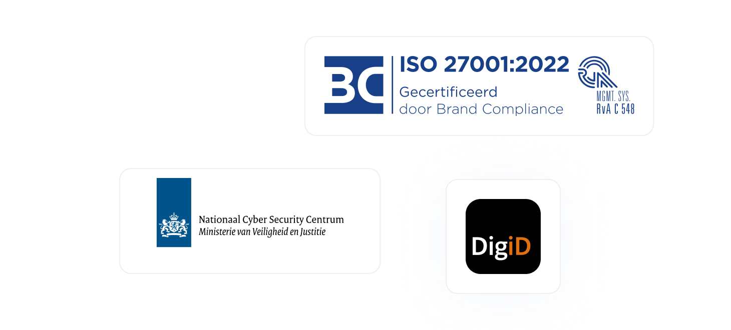 Logo's van: ISO 27001:20022 certificering, Nationaal Cyber Security Centrum en DigiD