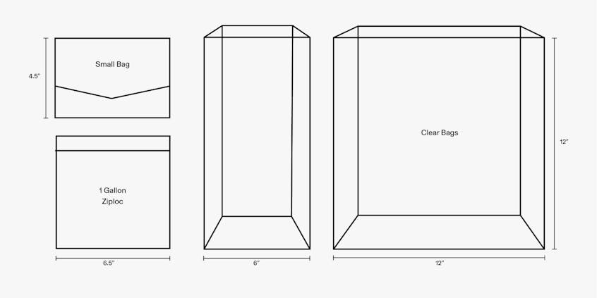 Attendees are allowed a 12" x 12" x 6" clear bag, a one-gallon freezer bag, and a 4.5" x 6.5" bag.