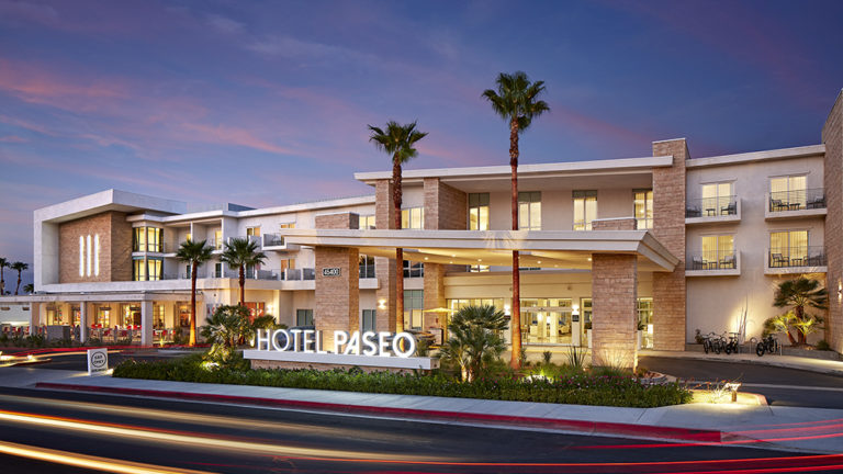Hotel Paseo exterior at dusk