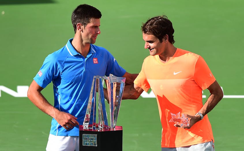 Novak Djokovic defeats Roger Federer in the 2015 Indian Wells final.
