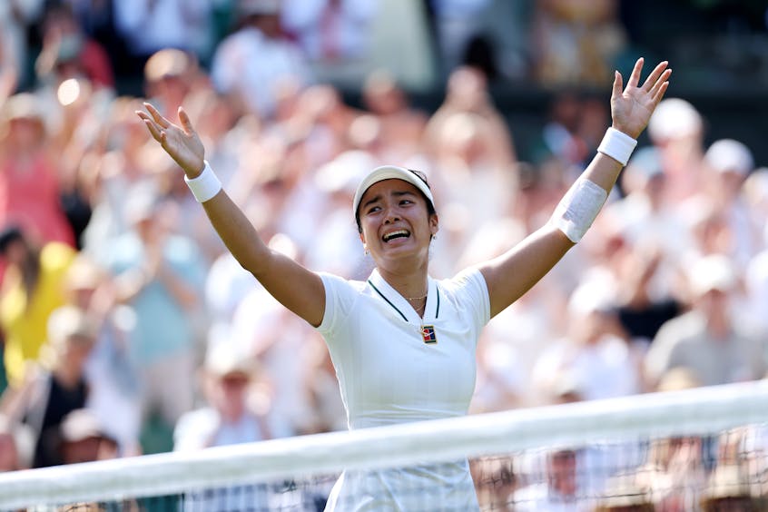 Alex Eala celebrates her third-round win over defending champion Iga Swiatek at Wimbledon.