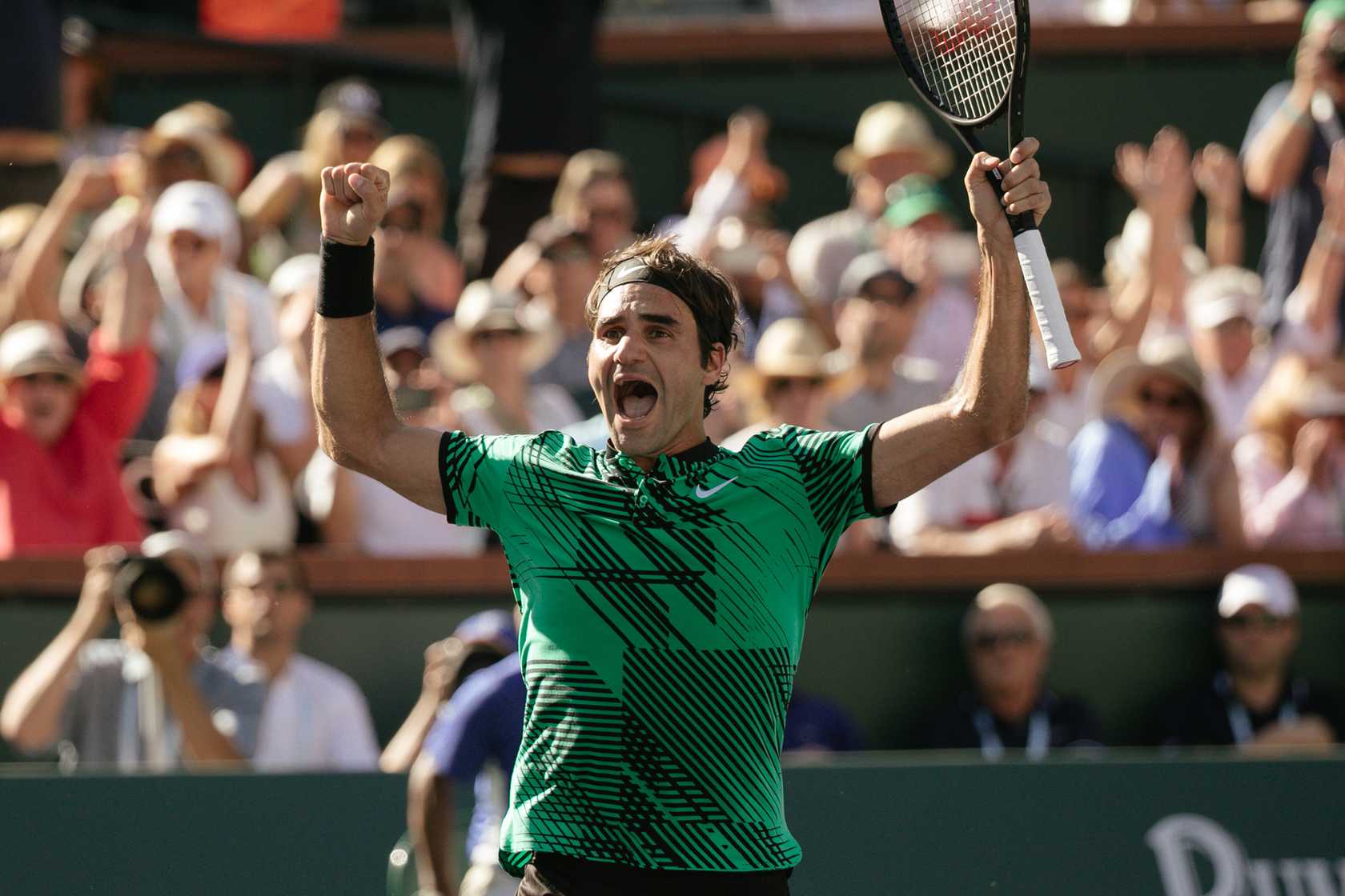 Roger Federer celebrates his 2017 final win over Stan Wawrinka.