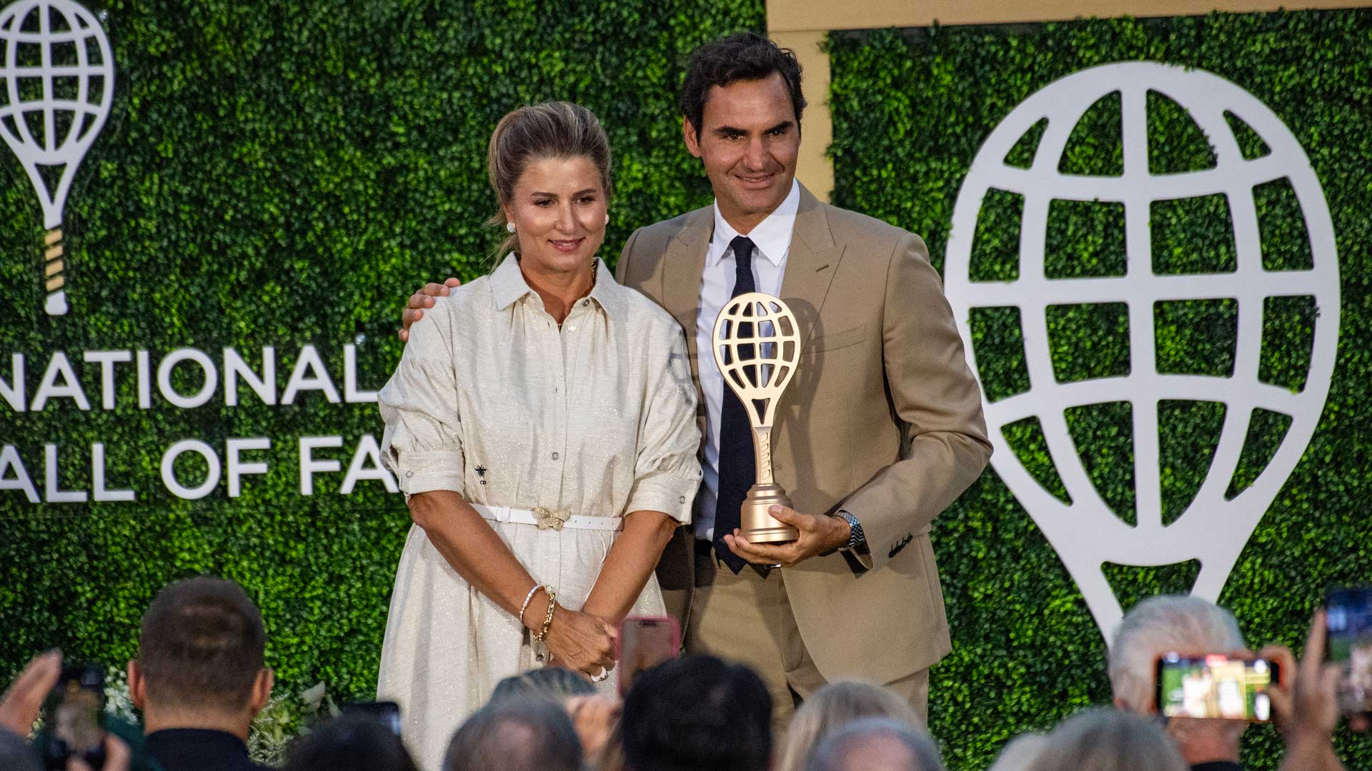 Roger Federer with wife Mirka at his induction into the International Tennis Hall of Fame.