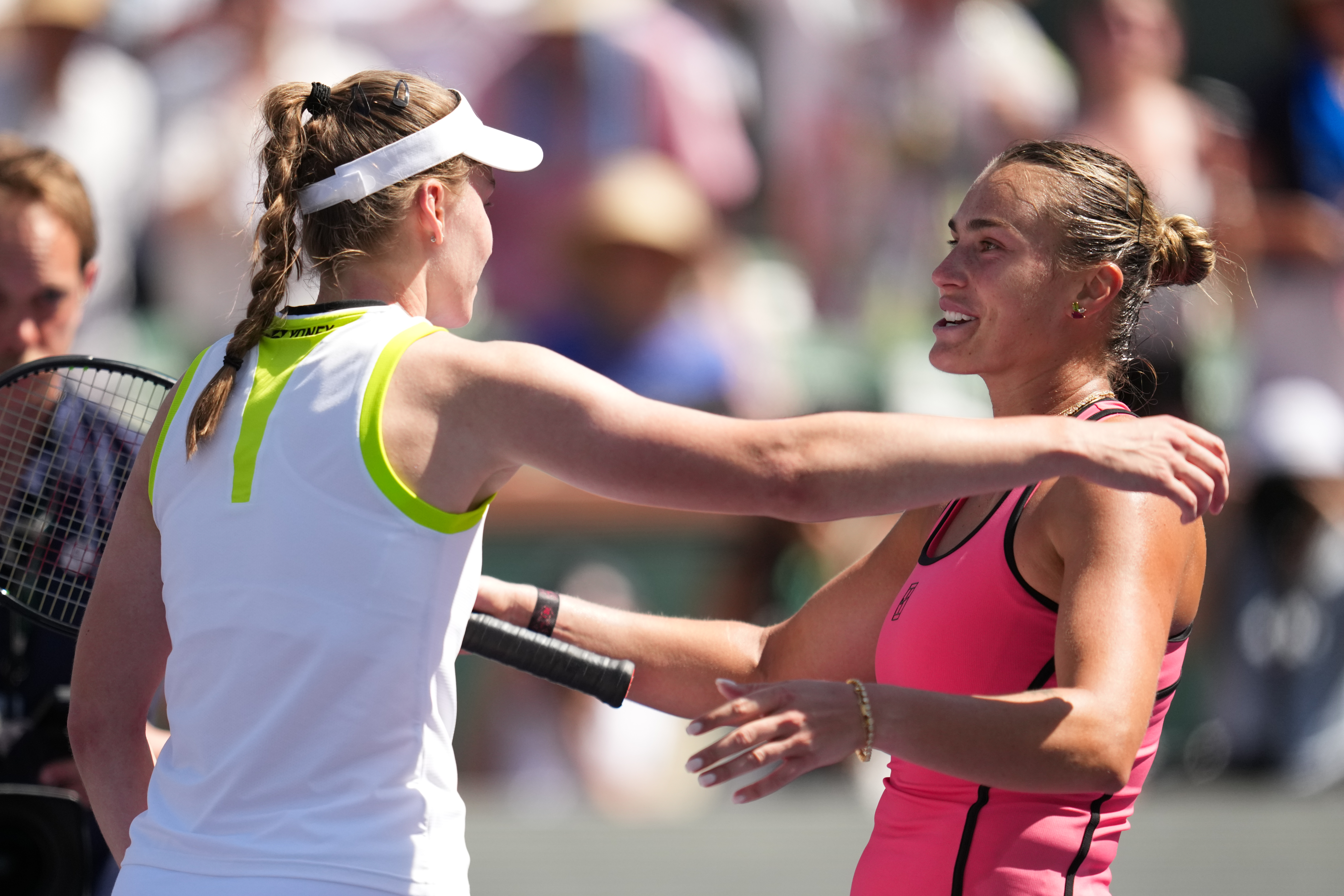 Elena Rybakina and Aryna Sabalenka embrace after their epic 2026 final in Tennis Paradise.