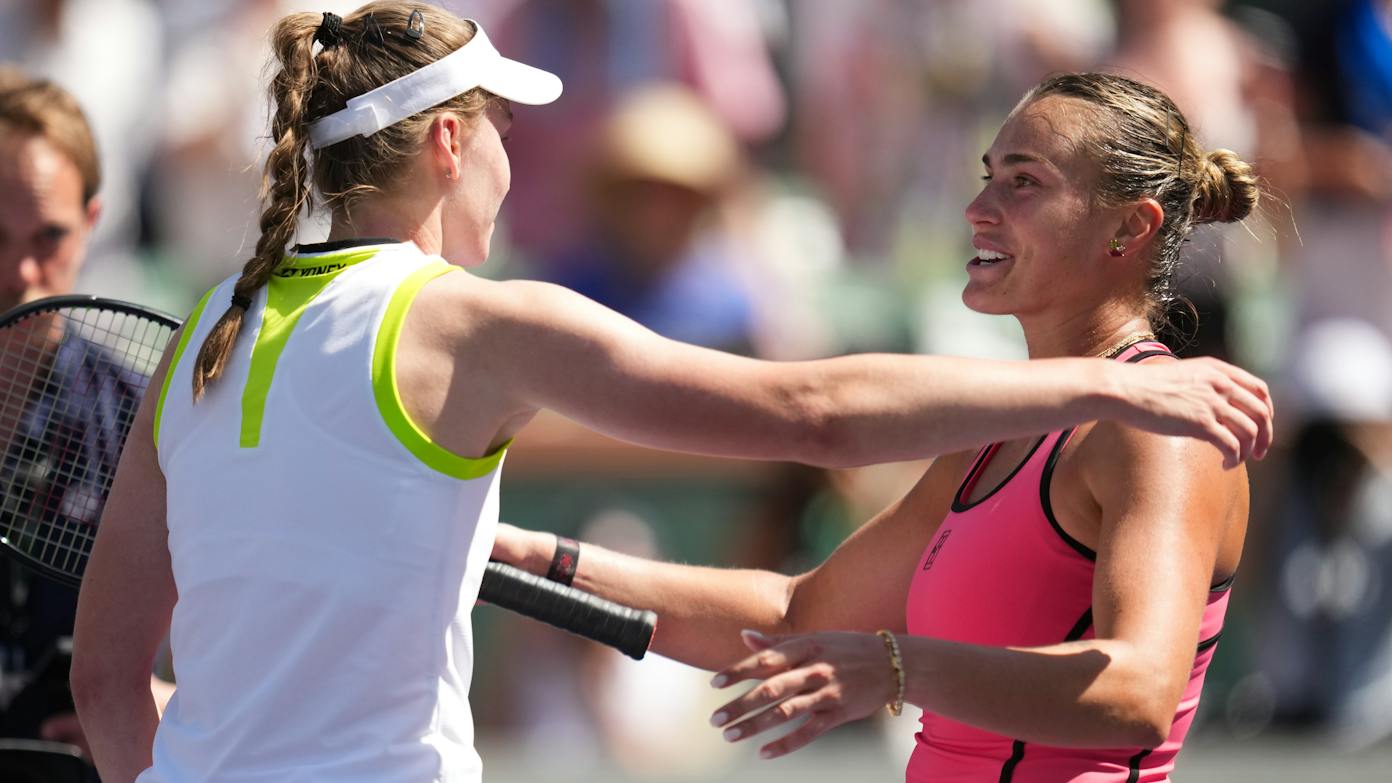 Elena Rybakina and Aryna Sabalenka embrace after their epic 2026 final in Tennis Paradise.