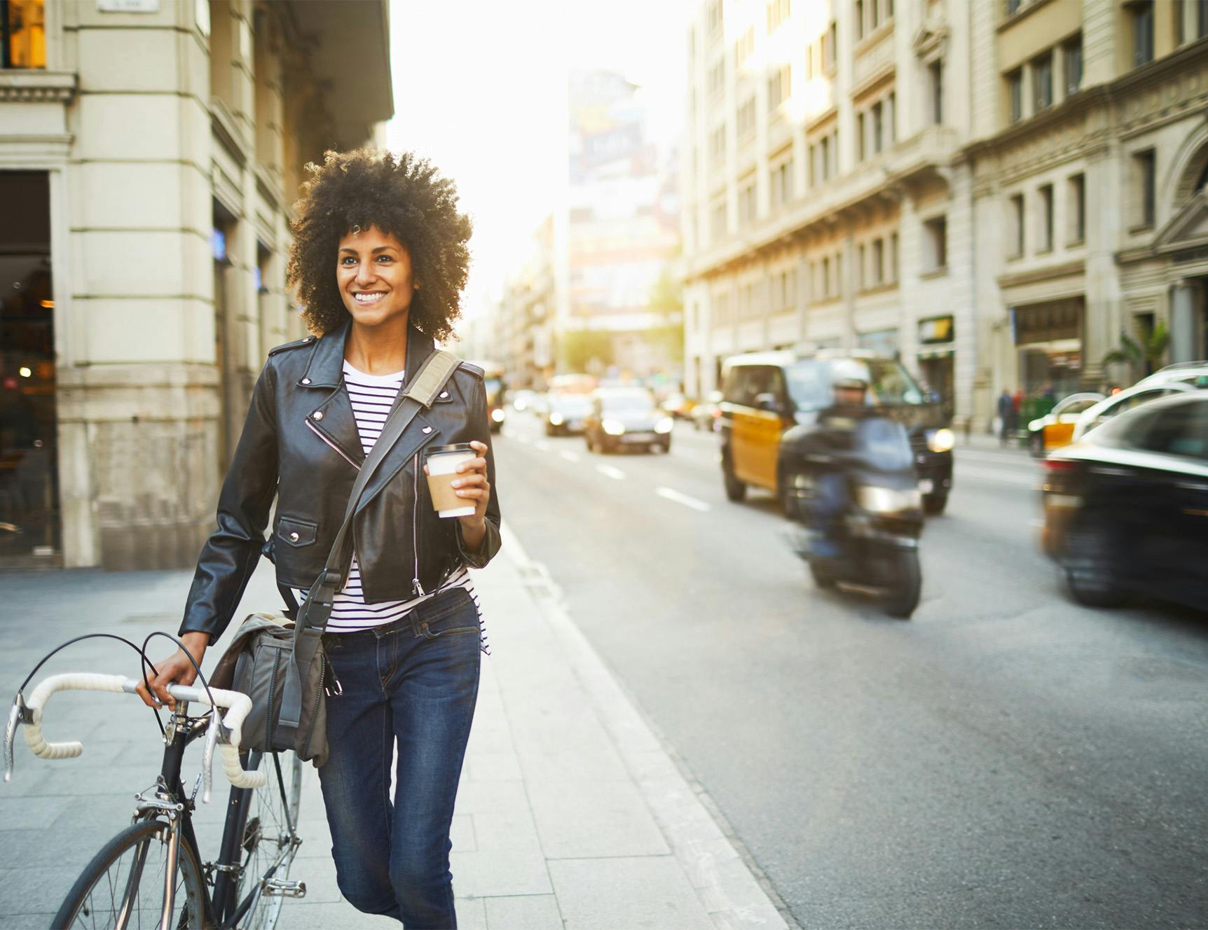 walking bike through the city