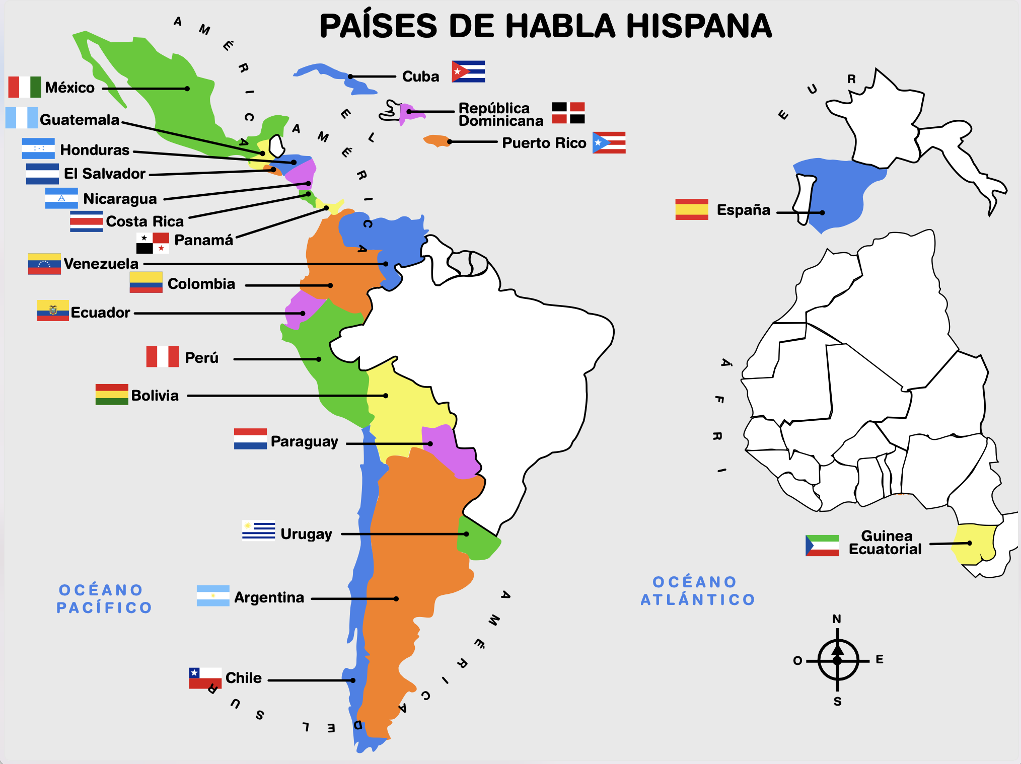 Free Printable Spanish Countries Map PDF Format