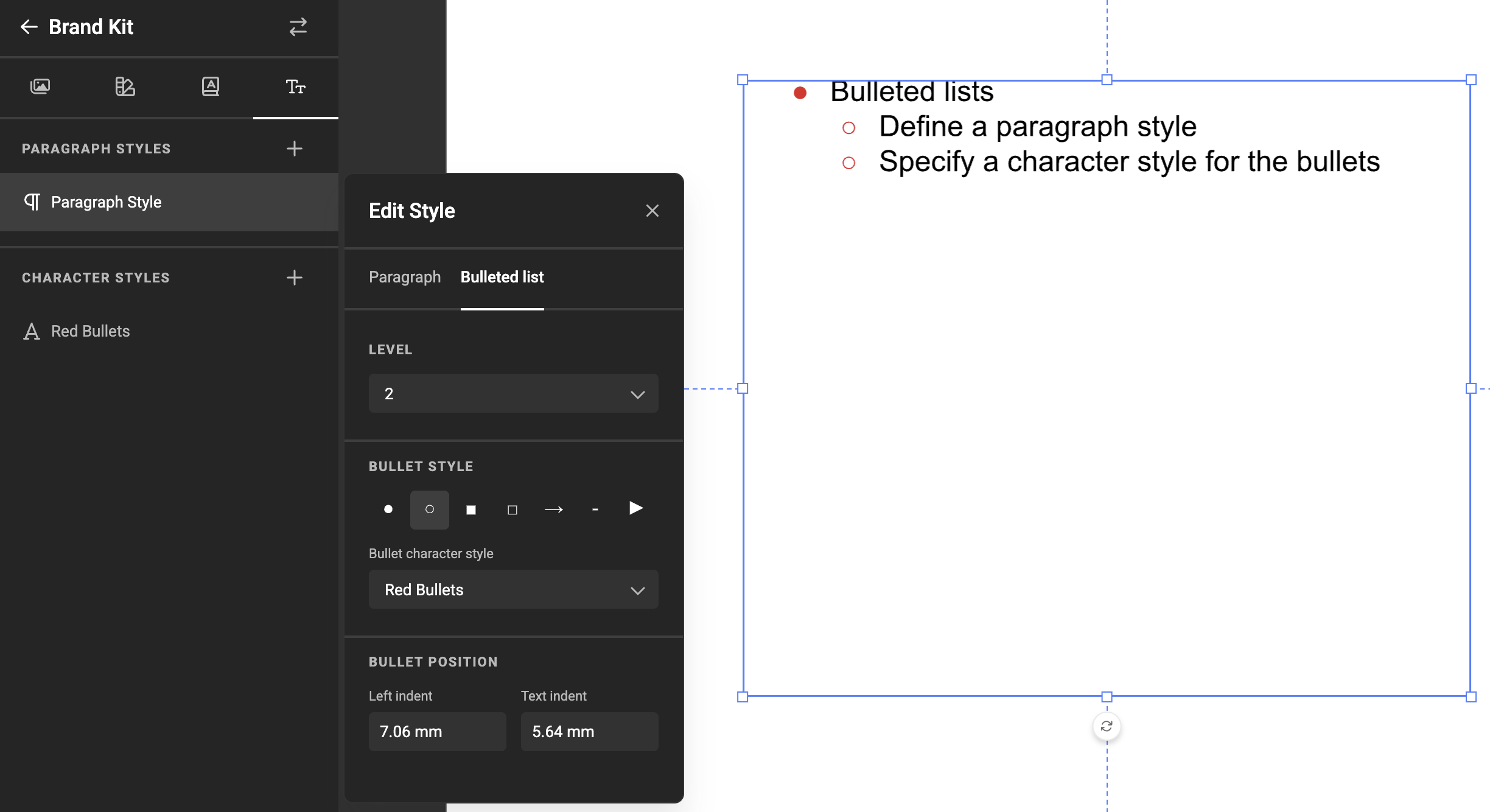 GraFx Studio - Bulleted Lists interface
