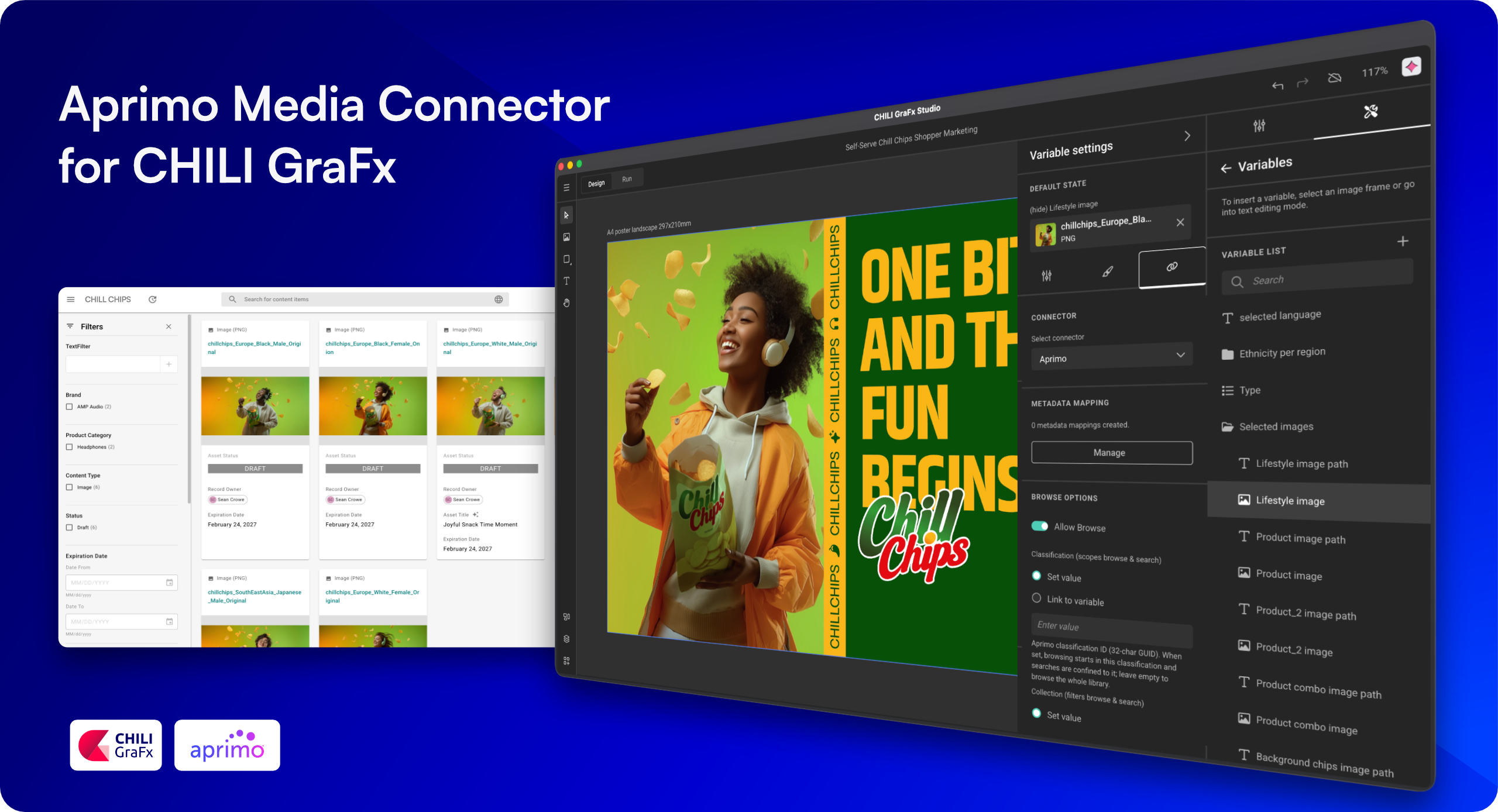 Screengrabs of Aprimo Media Connector for GraFx Studio on deep blue background, with Aprimo & CHILI GraFx logos