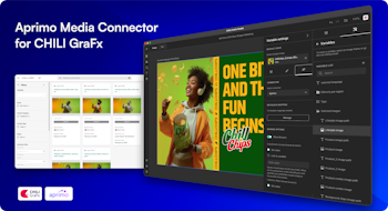 Screengrabs of Aprimo Media Connector for GraFx Studio on deep blue background, with Aprimo & CHILI GraFx logos
