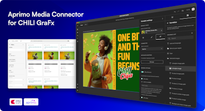 Screengrabs of Aprimo Media Connector for GraFx Studio on deep blue background, with Aprimo & CHILI GraFx logos