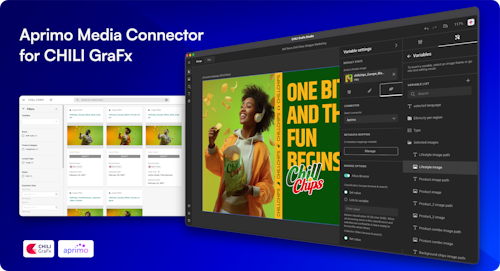 Screengrabs of Aprimo Media Connector for GraFx Studio on deep blue background, with Aprimo & CHILI GraFx logos