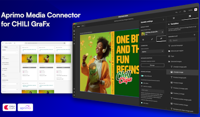 Screengrabs of Aprimo Media Connector for GraFx Studio on deep blue background, with Aprimo & CHILI GraFx logos
