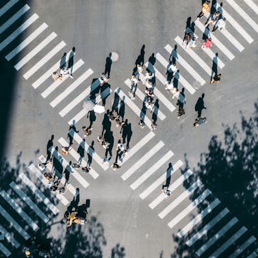 Drone image overlooking a city street X-diagonal crossing