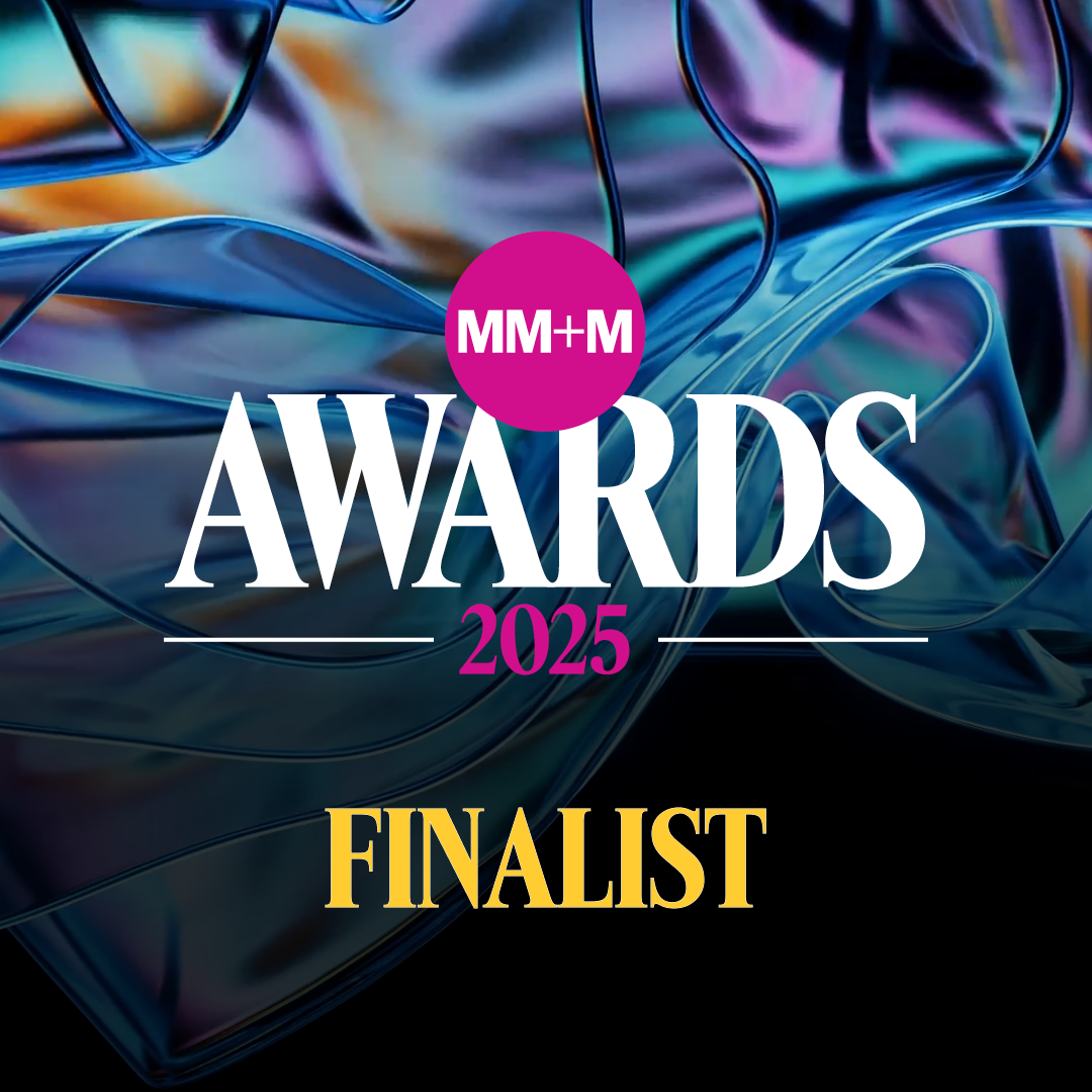 MM+M Awards 2025 Finalist badge featuring a vibrant, abstract background with swirling blue and purple hues. The text reads 'MM+M Awards 2025 Finalist' with 'MM+M' in a pink circle and 'Finalist' in bold yellow lettering.