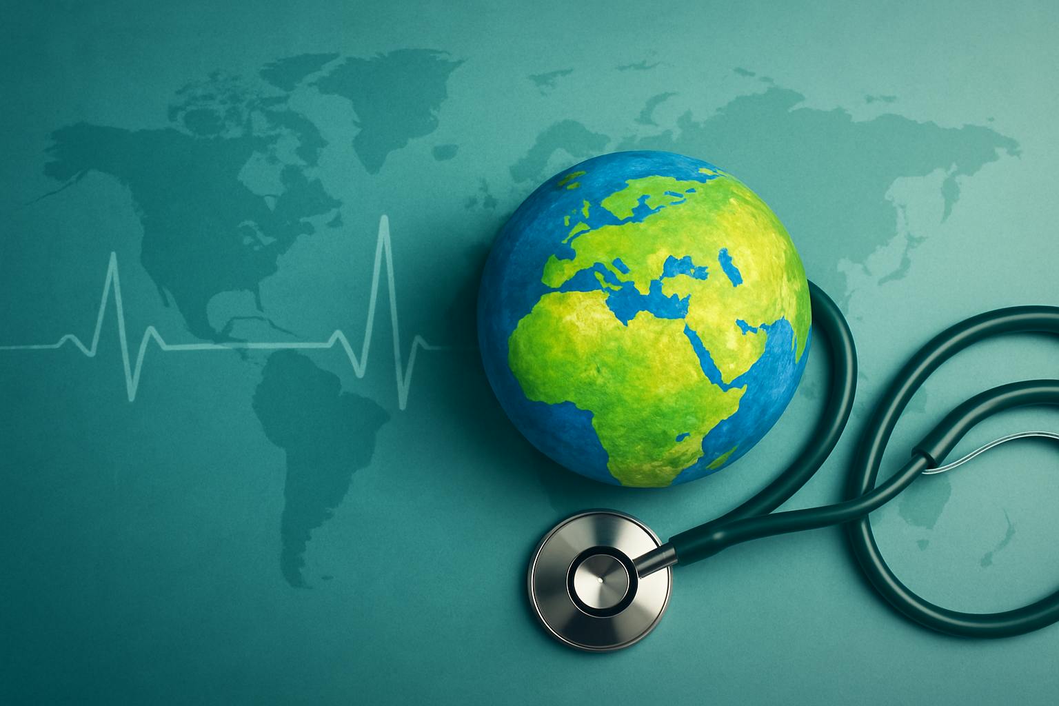 A stethoscope wrapped around a globe, symbolizing global healthcare. The globe is positioned over a stylized world map background, with a white heartbeat line running horizontally across the image.