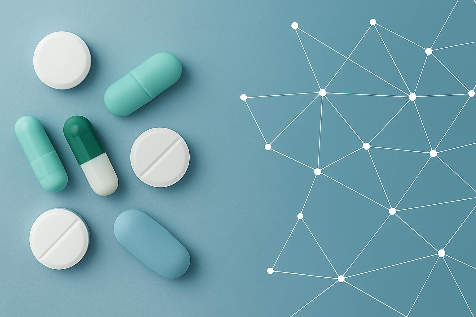 Assorted pills and capsules in white, teal, and green arranged on a blue background next to a connected network of white dots and lines, symbolizing healthcare and medical innovation.