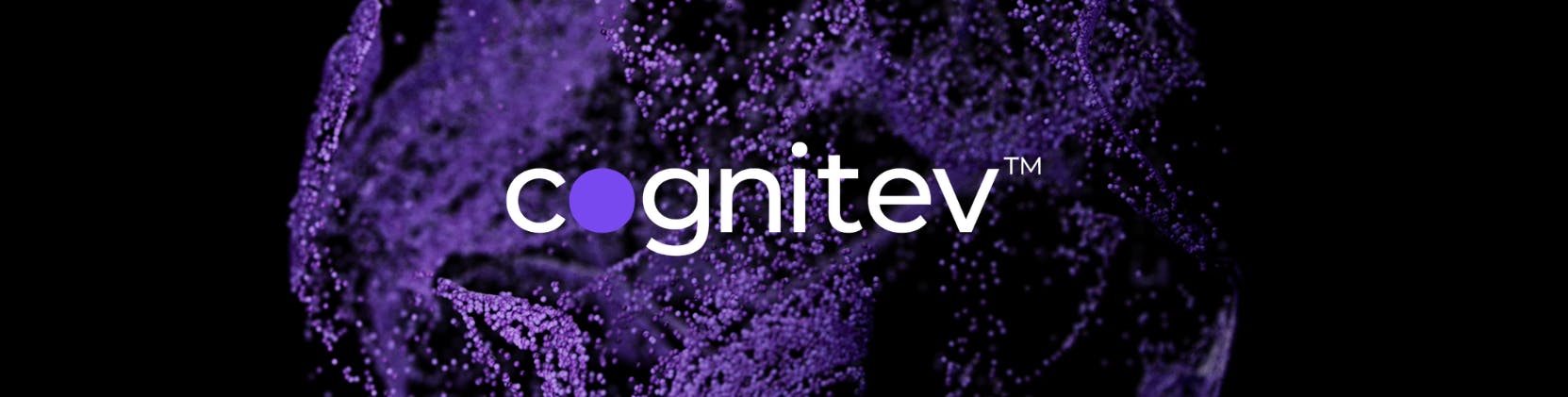 Cognitev™ logo displayed in white text with a purple dot over a dynamic, abstract background of swirling purple particles on a black backdrop.