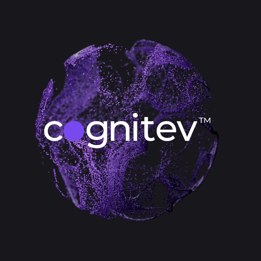 Cognitev™ logo displayed in white text with a purple dot over a dynamic, abstract background of swirling purple particles on a black backdrop.
