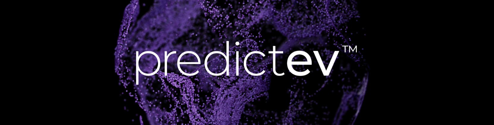 Logo for predictEV, featuring the word ‘predictEV’ in white lowercase letters with a trademark symbol, over a dynamic purple particle background on a black field.