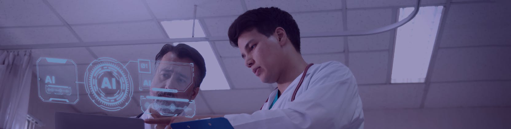 Two healthcare professionals reviewing data on a laptop with a digital AI interface overlay, representing AI use in healthcare decision-making