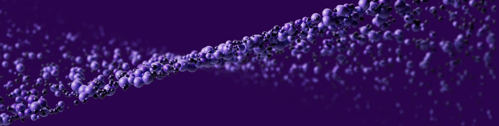 Abstract image of a flowing, wave-like strand of clustered purple spheres on a deep purple background, resembling molecules or particles in motion.