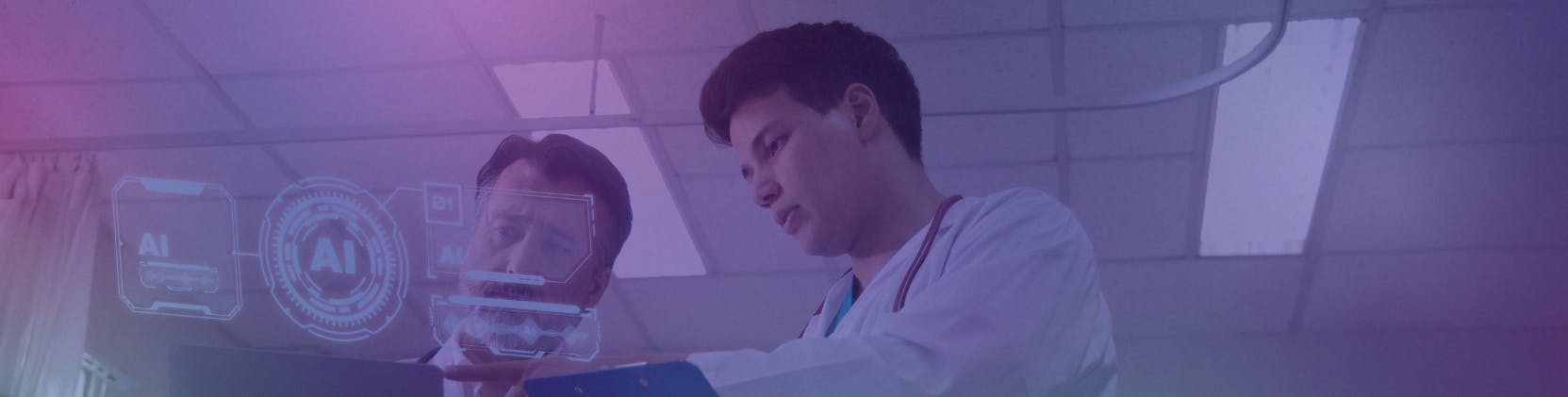 Two healthcare professionals reviewing data on a laptop and clipboard with a digital AI interface overlay, representing AI use in healthcare