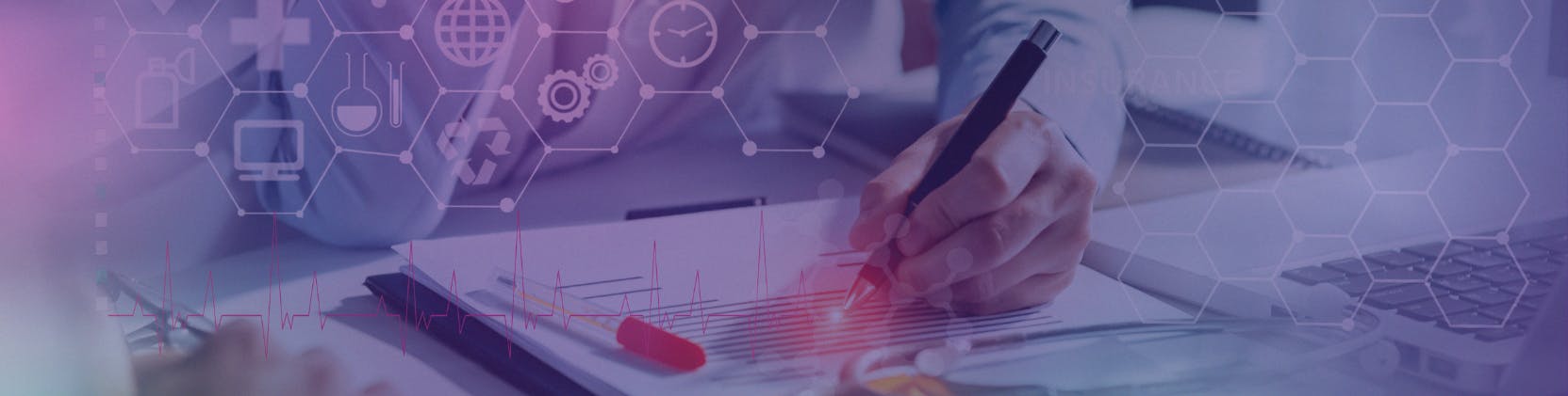 Healthcare professional reviewing and writing on a clipboard with digital healthcare and data interface overlays, representing AI and data-driven decision-making