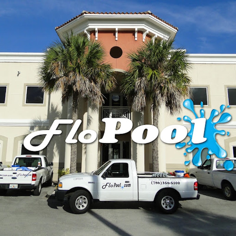 FloPool logo and fleet of pool cleaning service