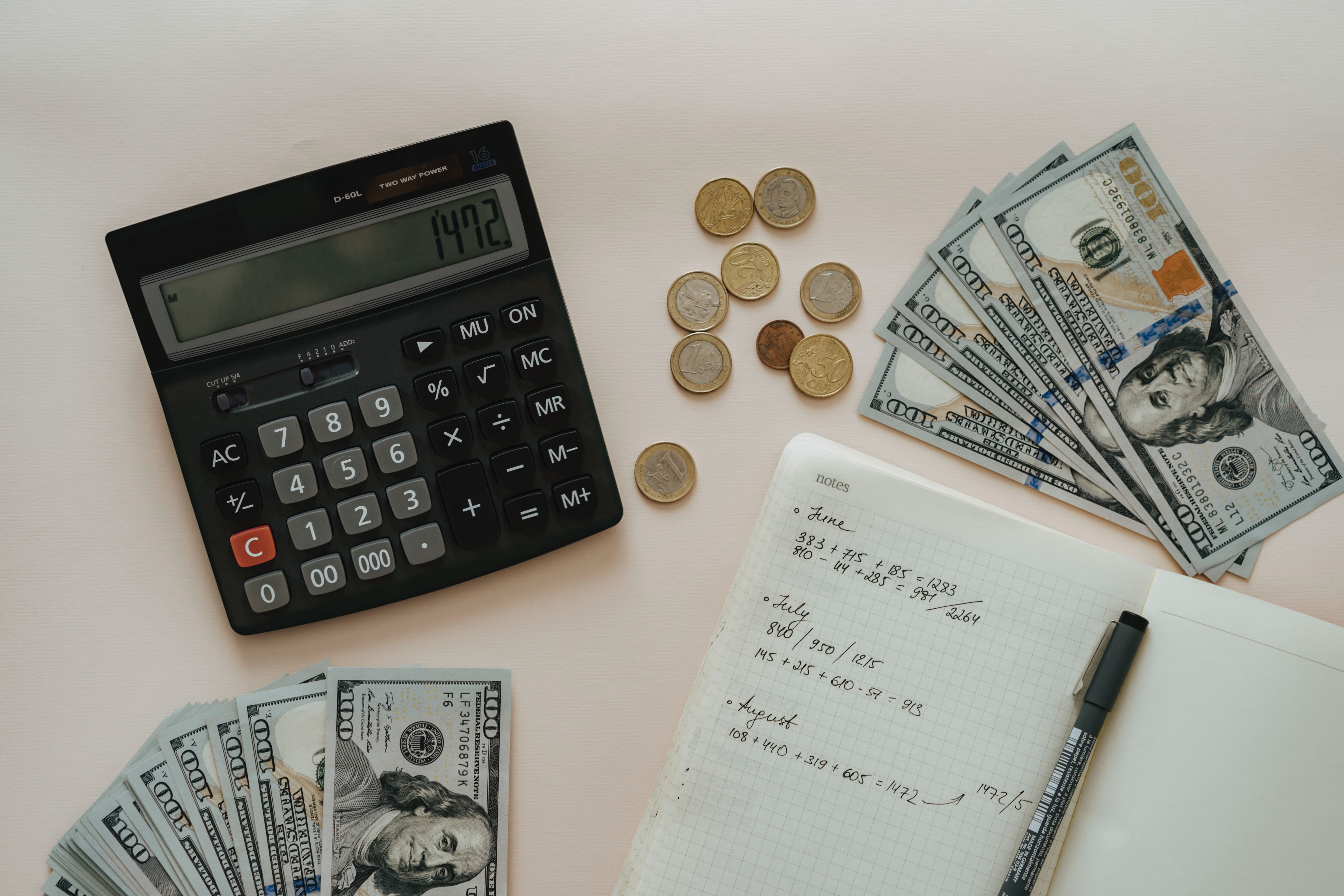 calculator, money and a notebook