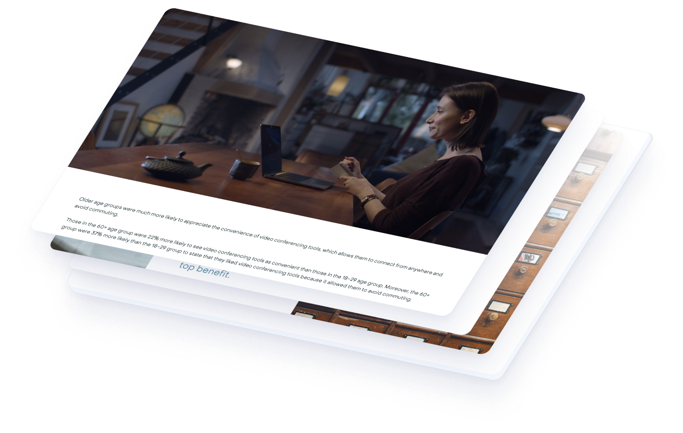 3D preview of the ebook, photo of a woman working from a laptop in the evening