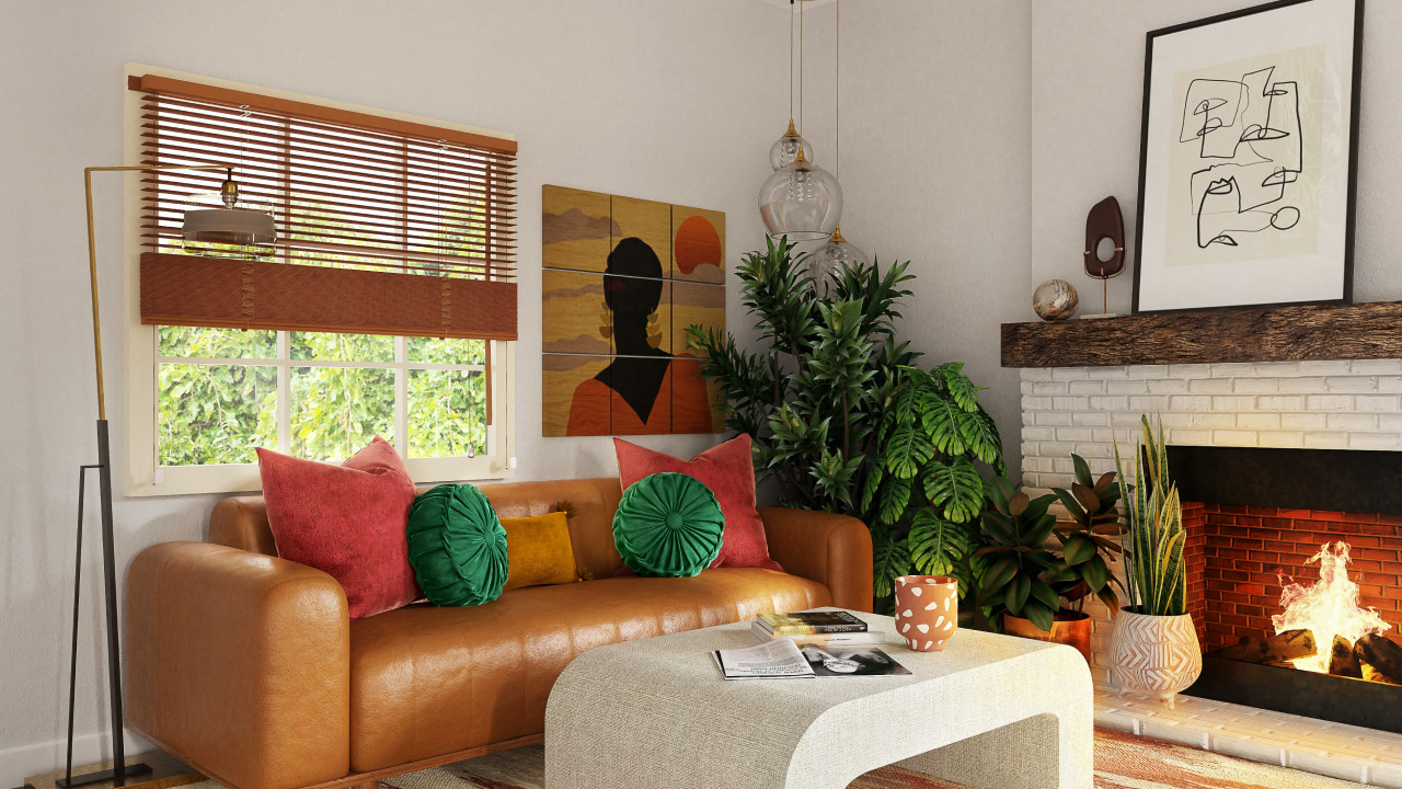 Virtual background living room with fireplace
