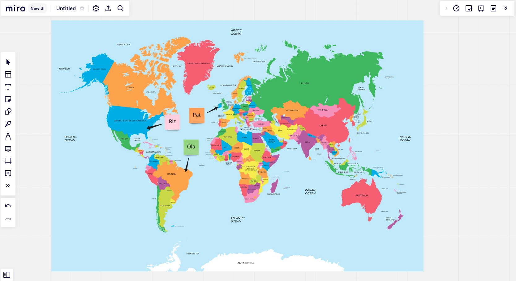 A Miro digital whiteboard showing a world map with 3 sticky notes to indicate the geographical location of people called Ola, Sam, and Riz.