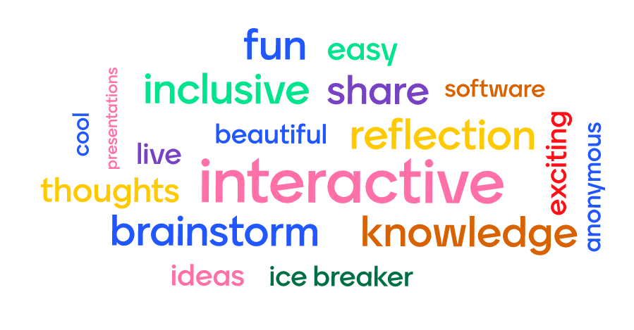A word cloud with descriptive words like "fun" and "interactive" in bright colours.
