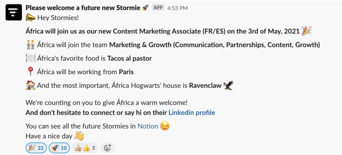 Livestorm introduces new employees with fun personal facts on Slack.