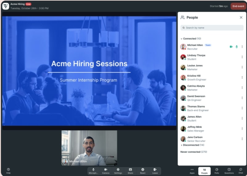 Livestorm virtual employee meeting showing welcome screen, speaker, and live chat