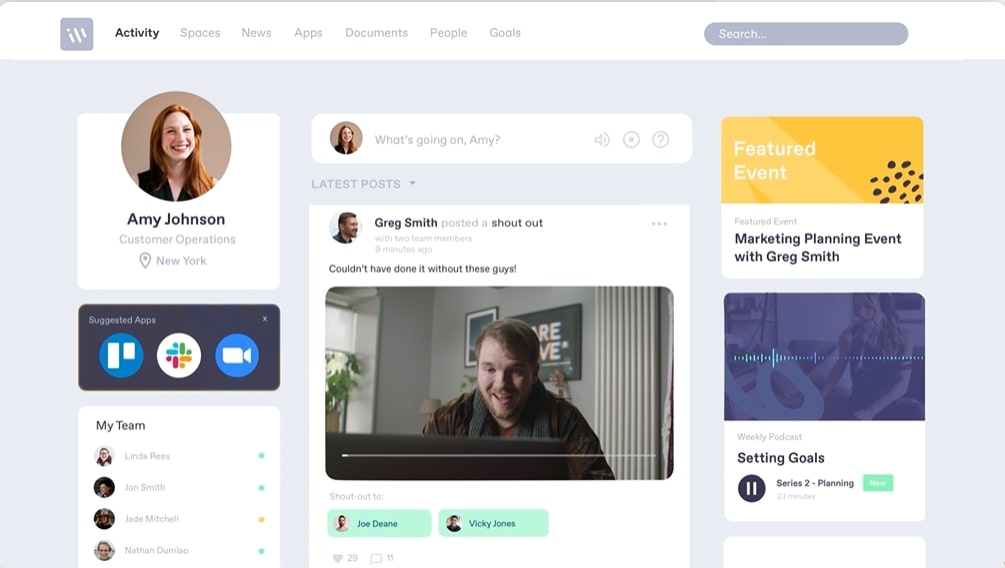 Workvivo activity feed with video, messaging, events, and team contacts