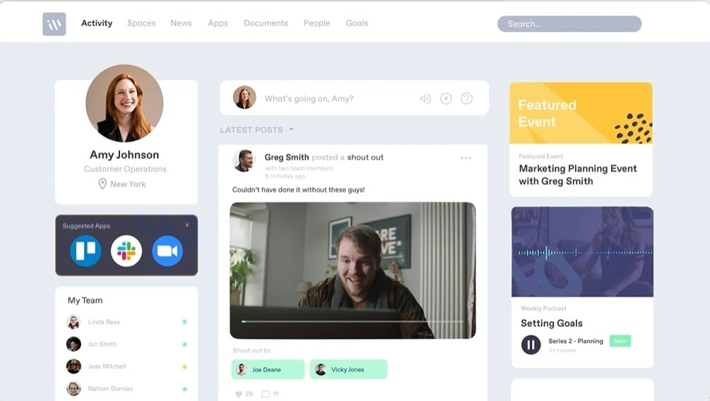 Workvivo activity feed with video, messaging, events, and team contacts