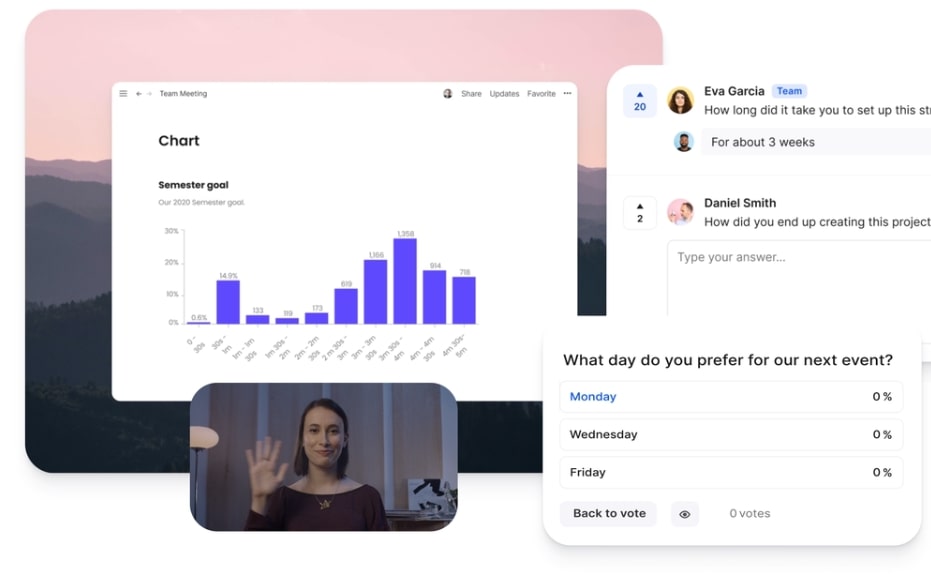 speaker sharing a presentation on screen during a virtual town hall meeting with live chat and poll to the side